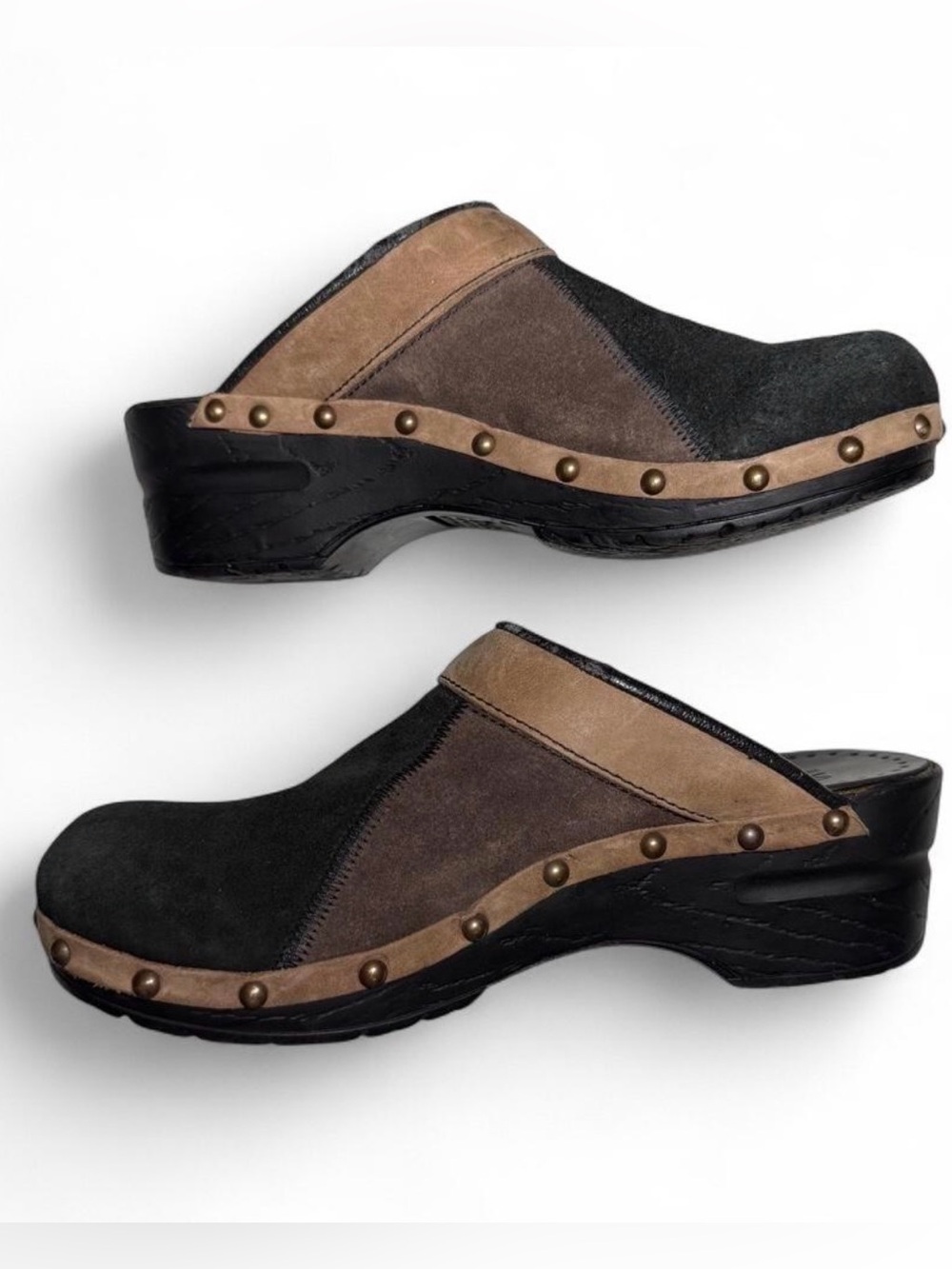 Sanita Wooden Clog Color Block Black Brown Suede Leather Studded Mule EU 38 US 7